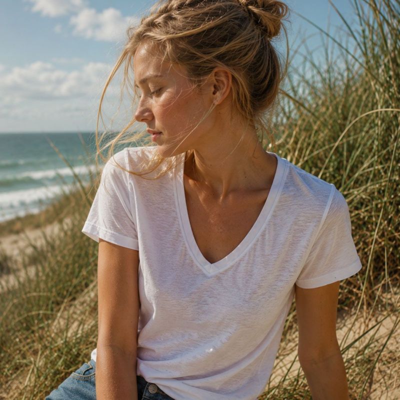 Le tee-shirt en lin blanc français col V PAïSAN